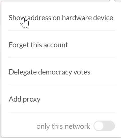 Options menu of an account in the Accounts screen of PolkadotJS